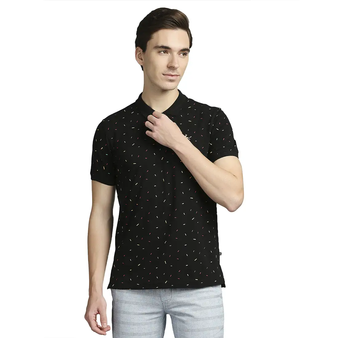 Men Black Regular Fit Print Cotton Round Neck Collar Polo T-Shirt