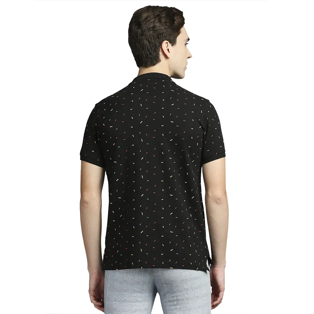 Men Black Regular Fit Print Cotton Round Neck Collar Polo T-Shirt - Image 4