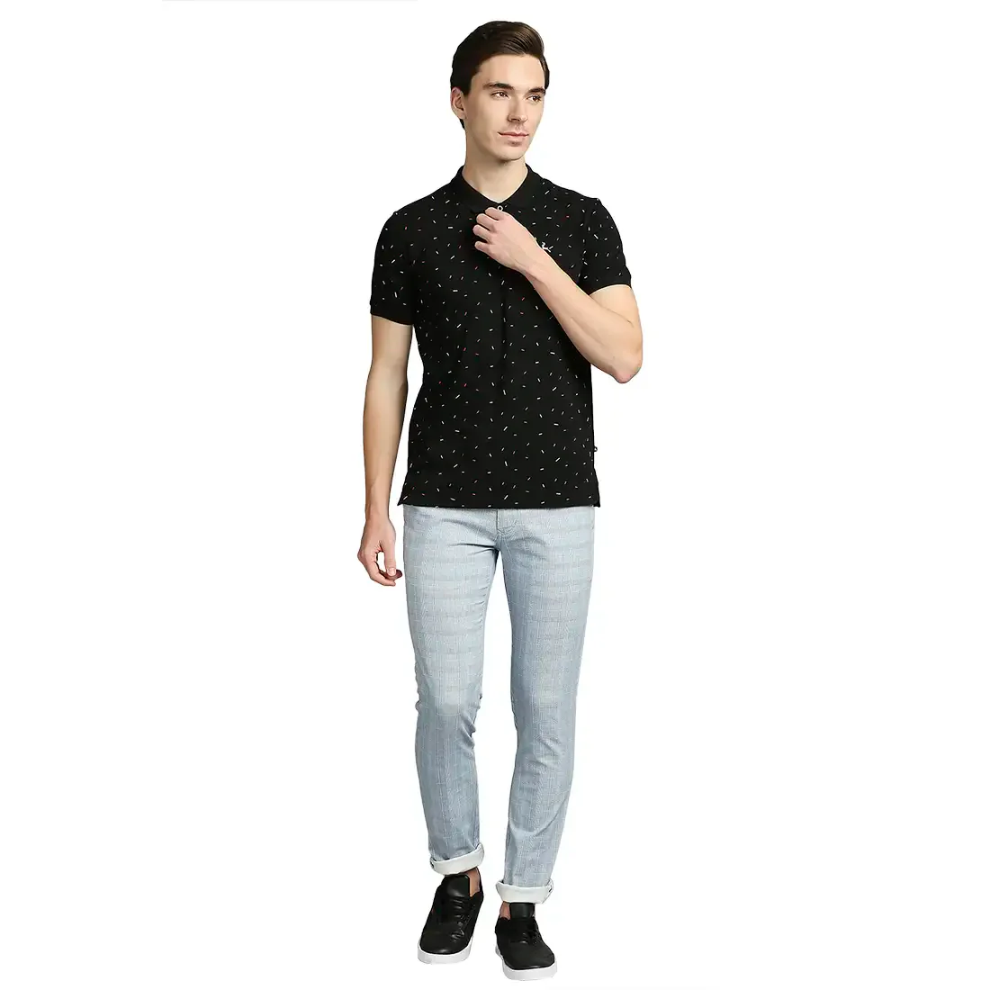 Men Black Regular Fit Print Cotton Round Neck Collar Polo T-Shirt - Image 5
