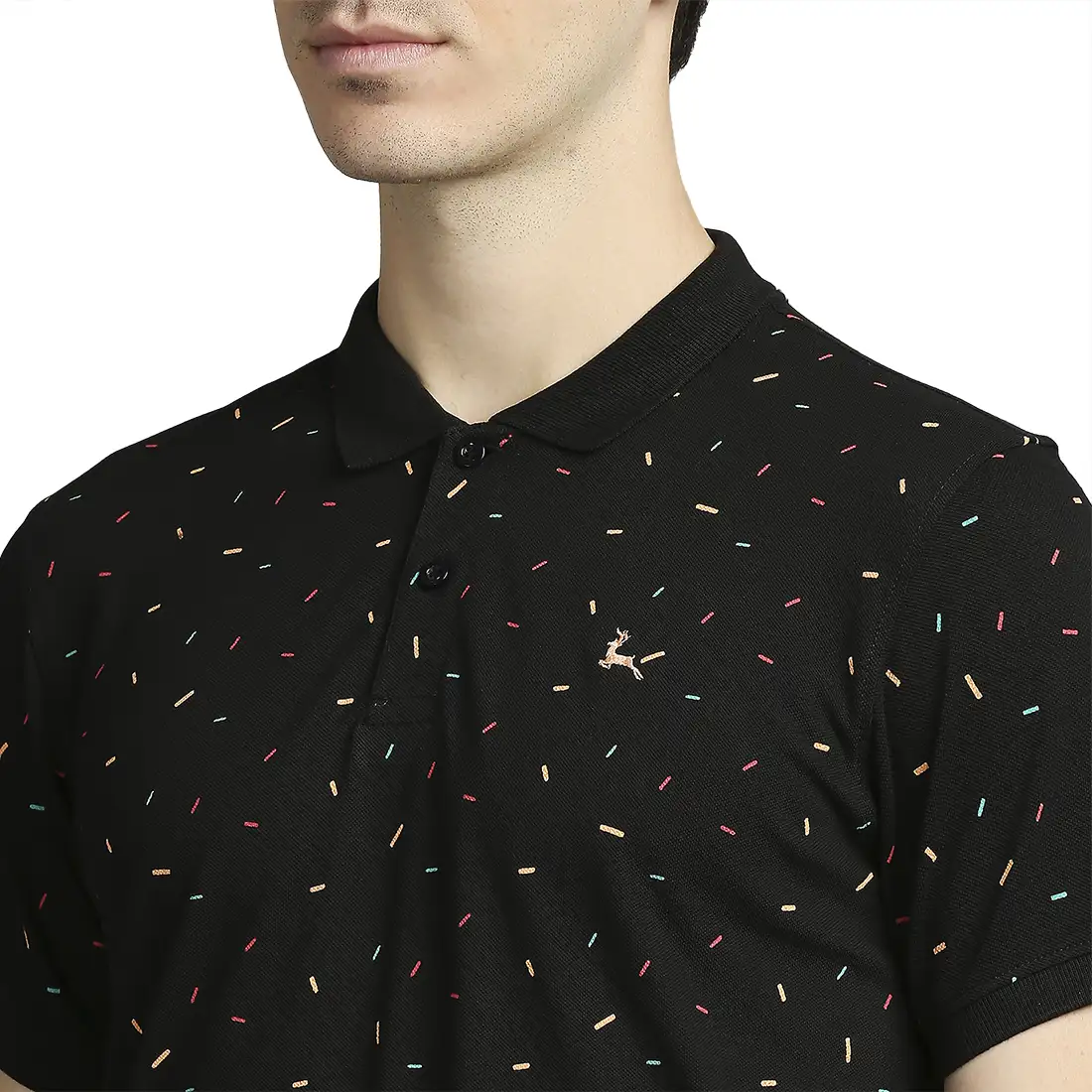 Men Black Regular Fit Print Cotton Round Neck Collar Polo T-Shirt - Image 6