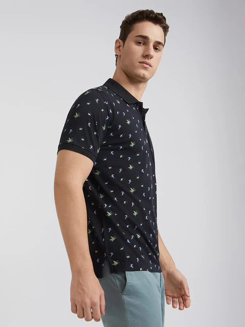 Men Black Regular Fit Print Cotton Round Neck Collar Polo T-Shirt - Image 2