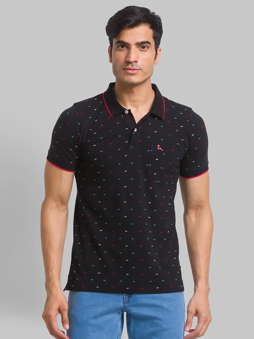 Men Black Regular Fit Print Cotton Round Neck Collar Polo T-Shirt