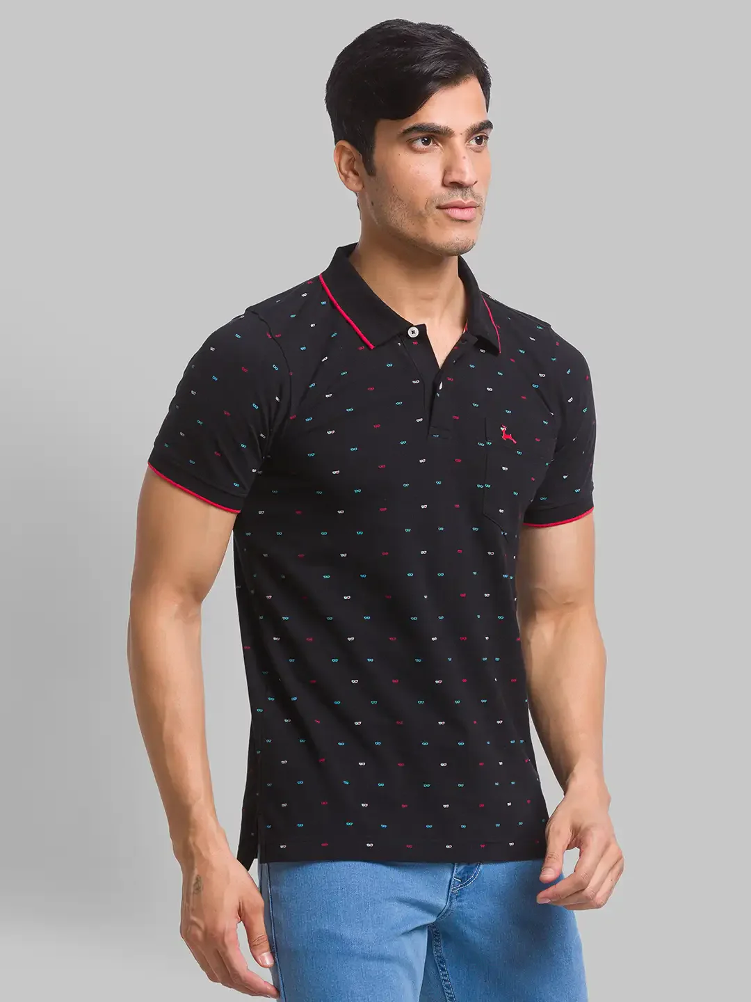 Men Black Regular Fit Print Cotton Round Neck Collar Polo T-Shirt - Image 2