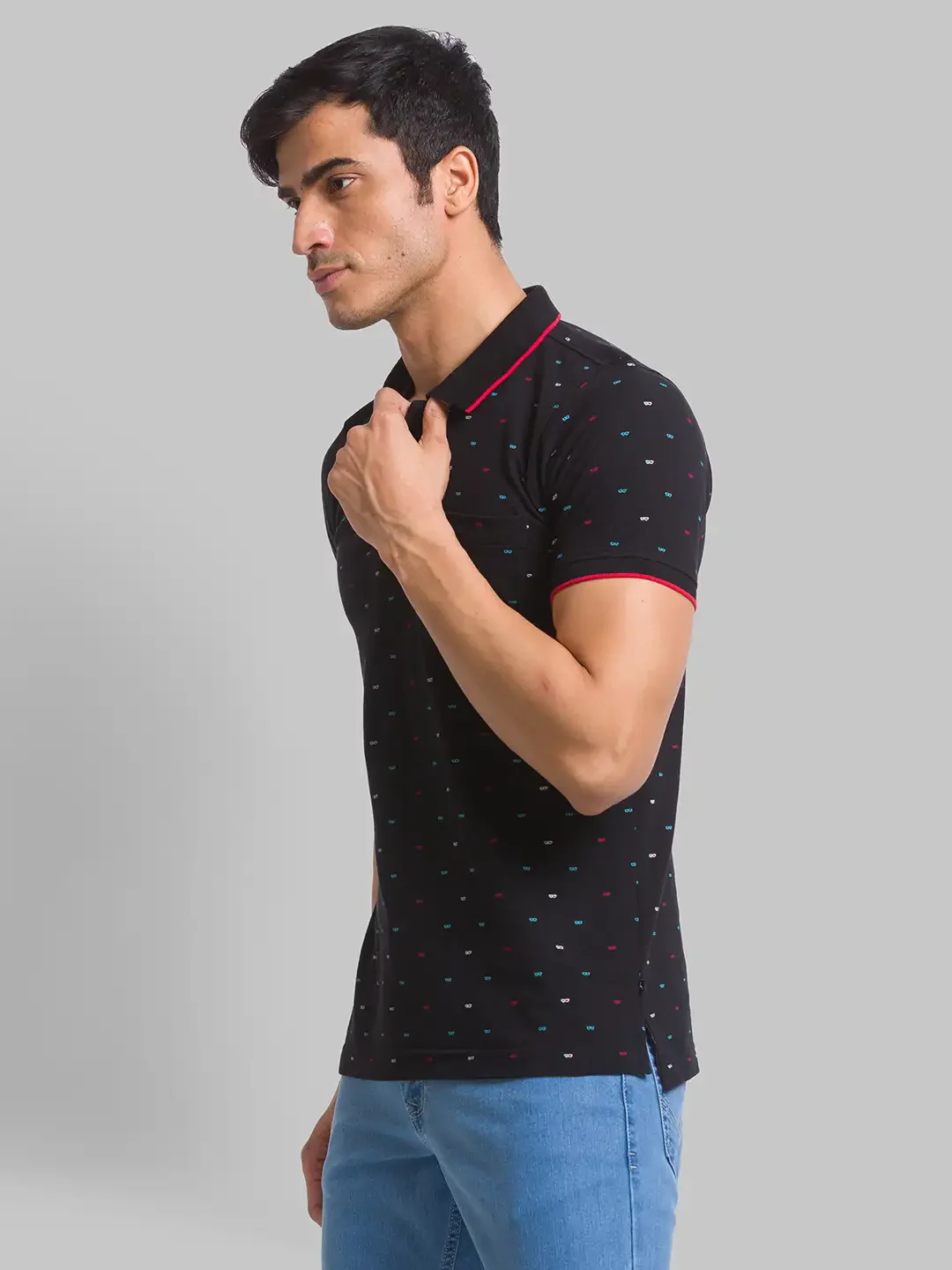 Men Black Regular Fit Print Cotton Round Neck Collar Polo T-Shirt - Image 3