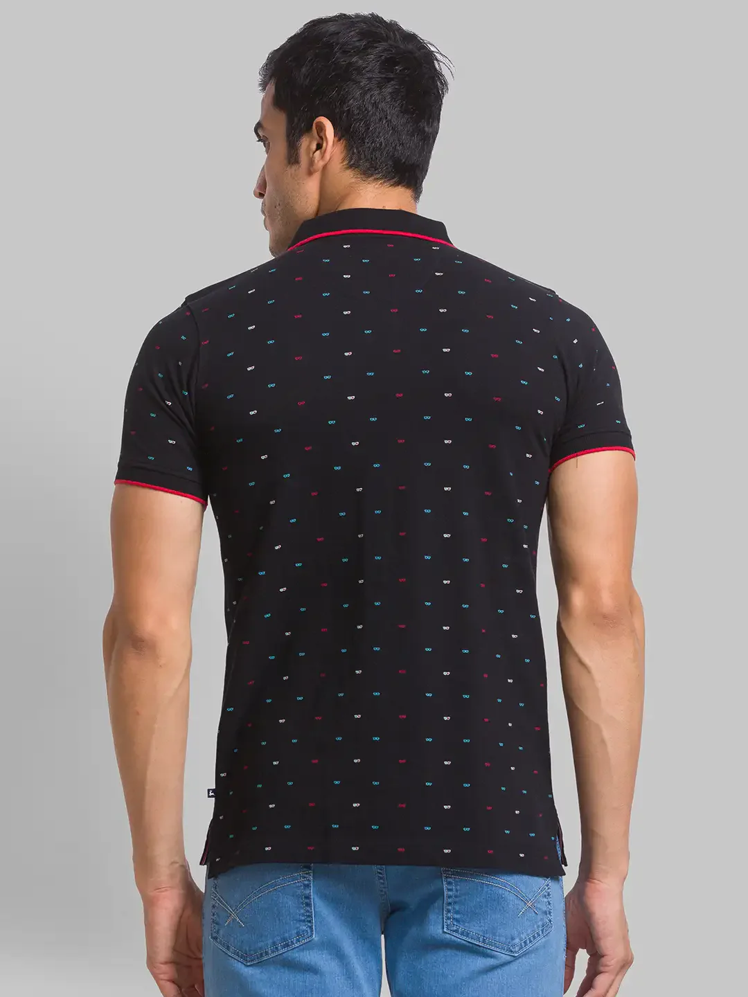 Men Black Regular Fit Print Cotton Round Neck Collar Polo T-Shirt - Image 4