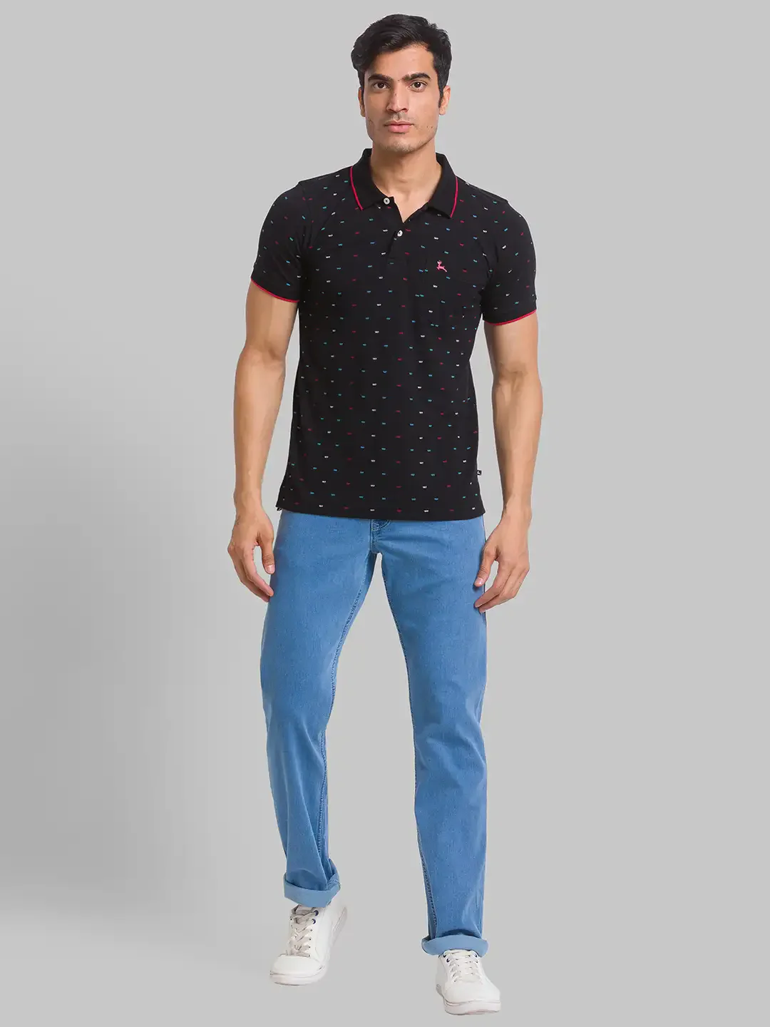 Men Black Regular Fit Print Cotton Round Neck Collar Polo T-Shirt - Image 5