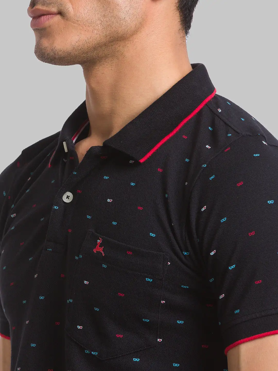 Men Black Regular Fit Print Cotton Round Neck Collar Polo T-Shirt - Image 6