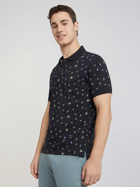 Men Black Regular Fit Print Cotton Round Neck Collar Polo T-Shirt - Image 3