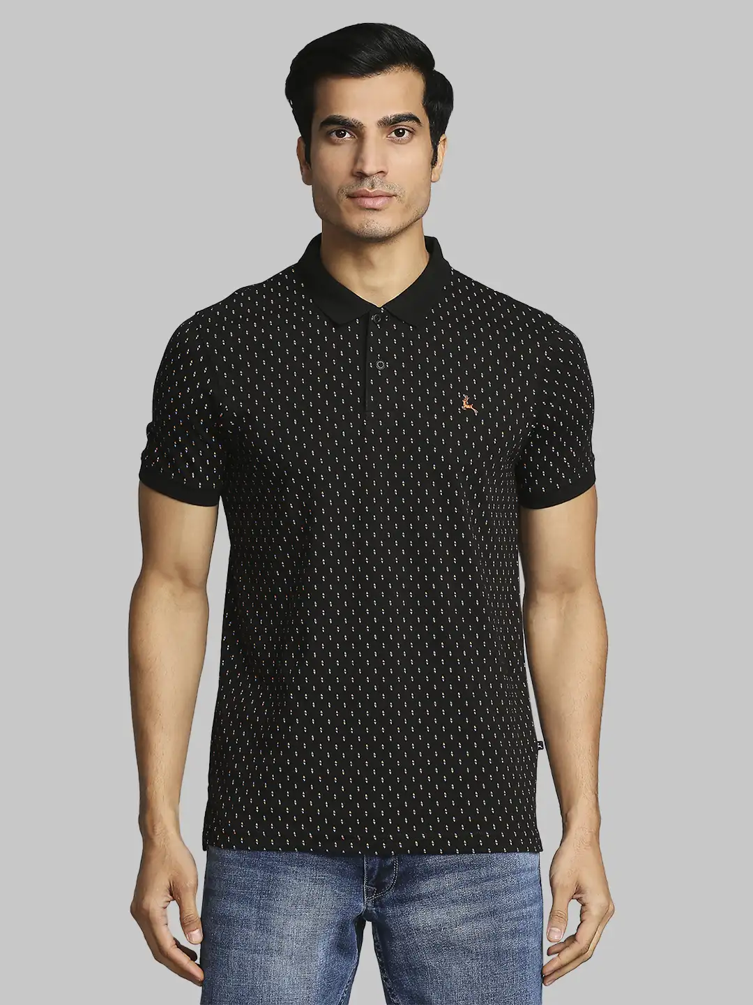 Men Black Regular Fit Print Cotton Round Neck Collar Polo T-Shirt