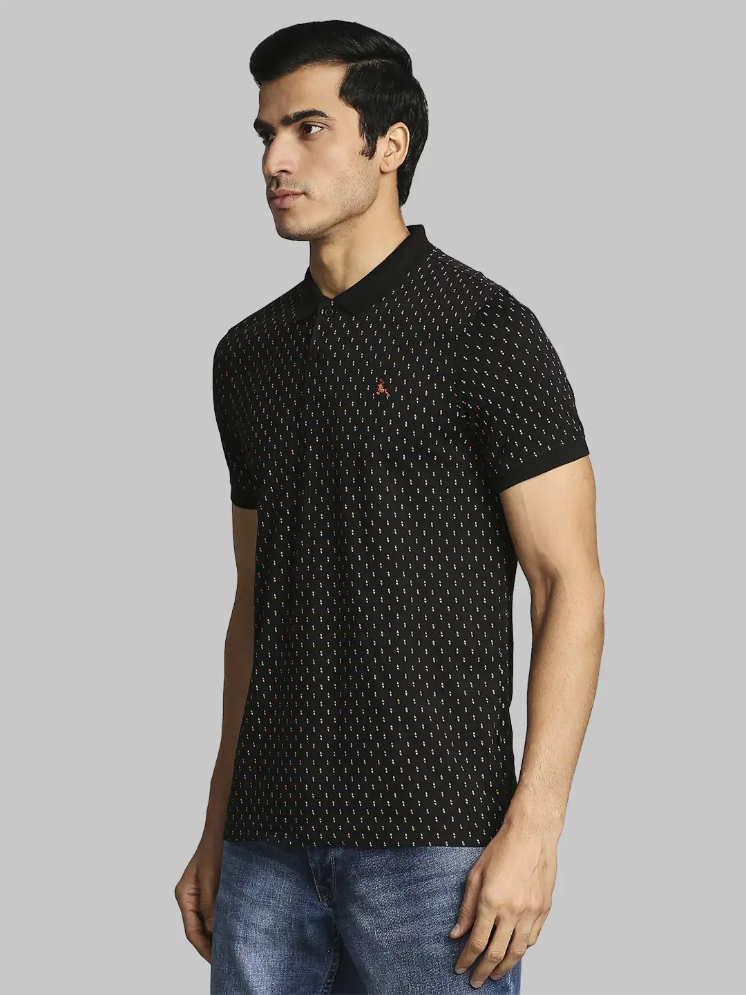 Men Black Regular Fit Print Cotton Round Neck Collar Polo T-Shirt - Image 3