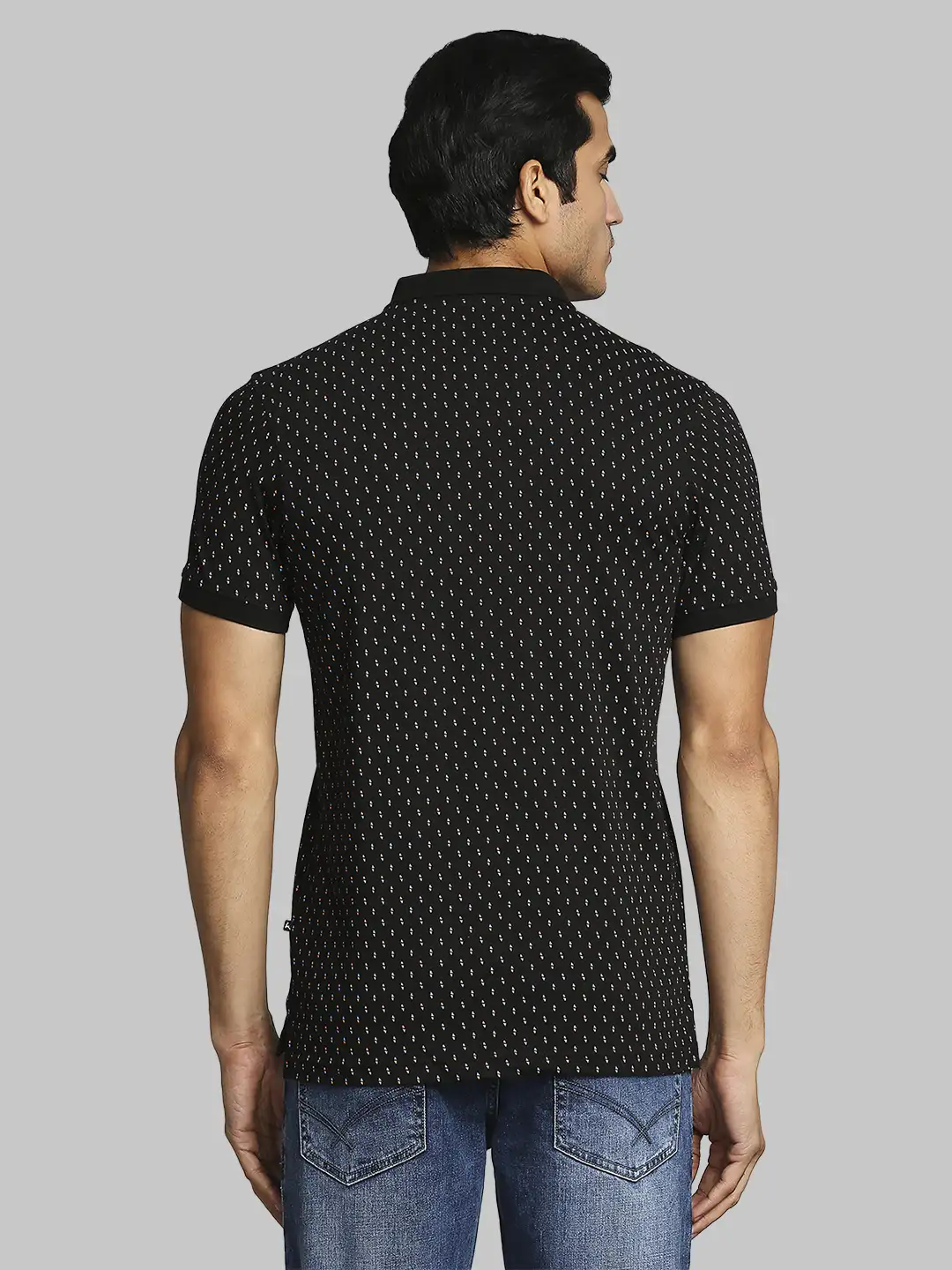 Men Black Regular Fit Print Cotton Round Neck Collar Polo T-Shirt - Image 4