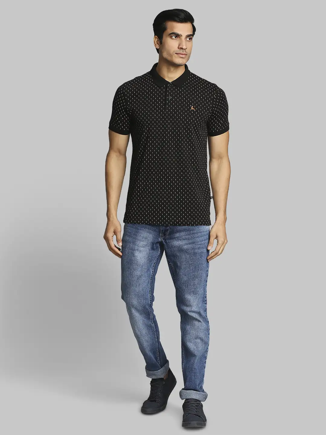 Men Black Regular Fit Print Cotton Round Neck Collar Polo T-Shirt - Image 5