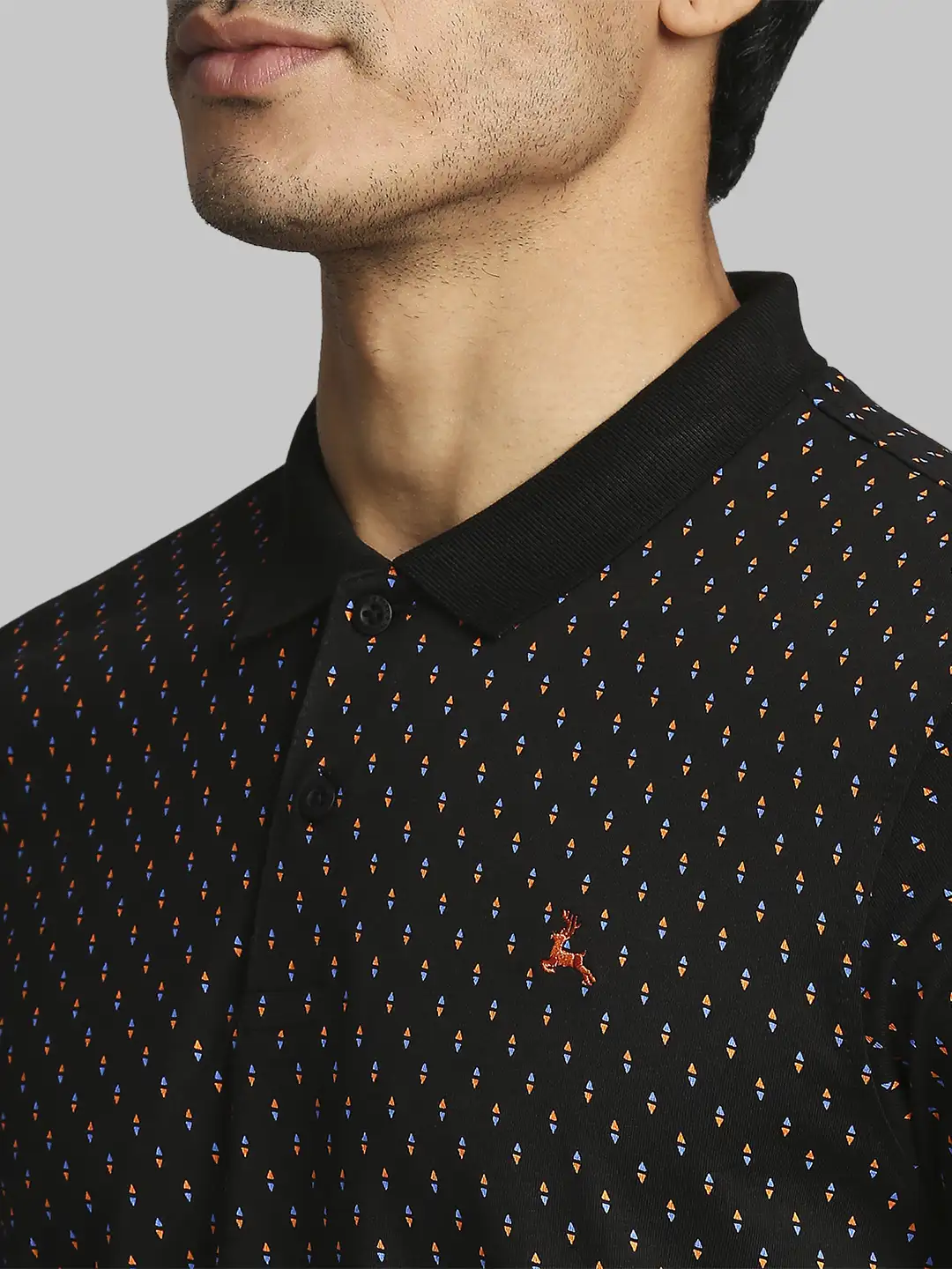 Men Black Regular Fit Print Cotton Round Neck Collar Polo T-Shirt - Image 6