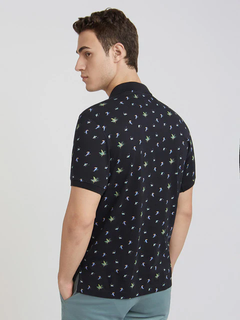 Men Black Regular Fit Print Cotton Round Neck Collar Polo T-Shirt - Image 4