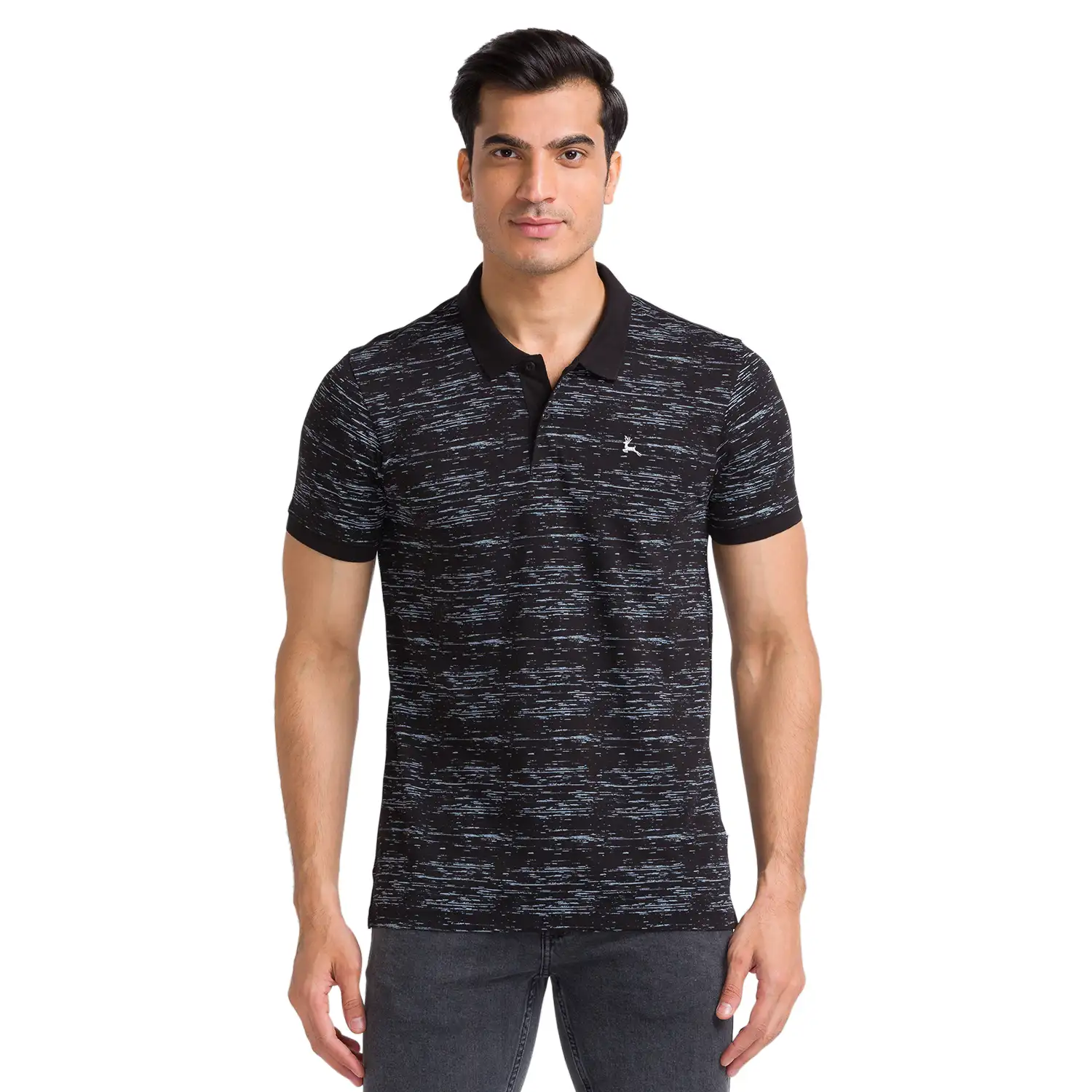 Men Black Regular Fit Print Cotton Round Neck Collar Polo T-Shirt