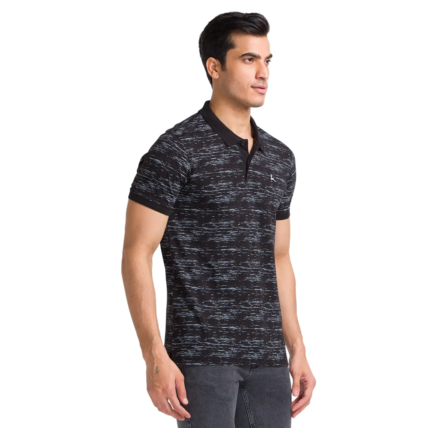 Men Black Regular Fit Print Cotton Round Neck Collar Polo T-Shirt - Image 2