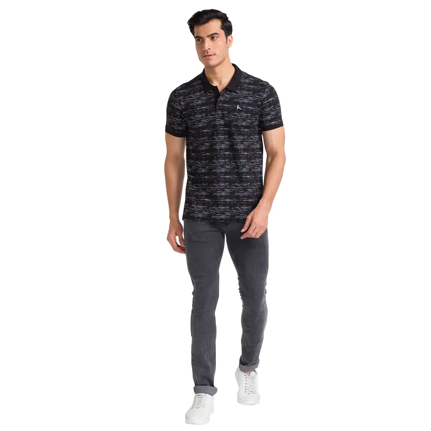 Men Black Regular Fit Print Cotton Round Neck Collar Polo T-Shirt - Image 5