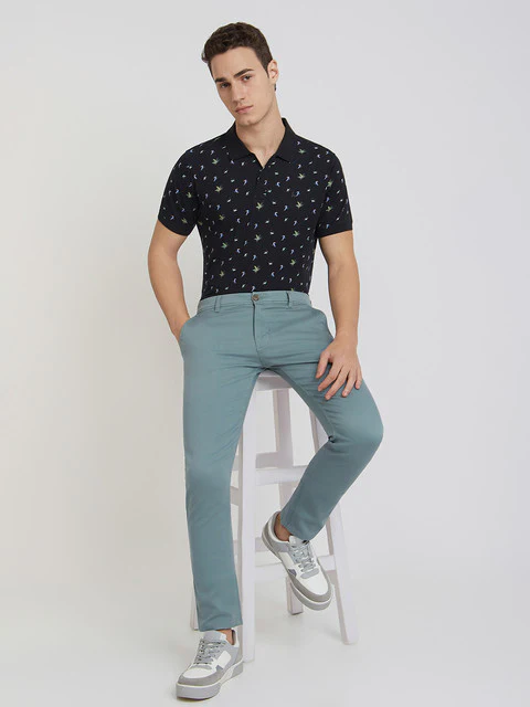 Men Black Regular Fit Print Cotton Round Neck Collar Polo T-Shirt - Image 5