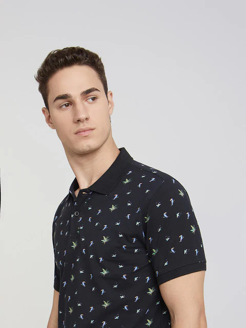 Men Black Regular Fit Print Cotton Round Neck Collar Polo T-Shirt - Image 6