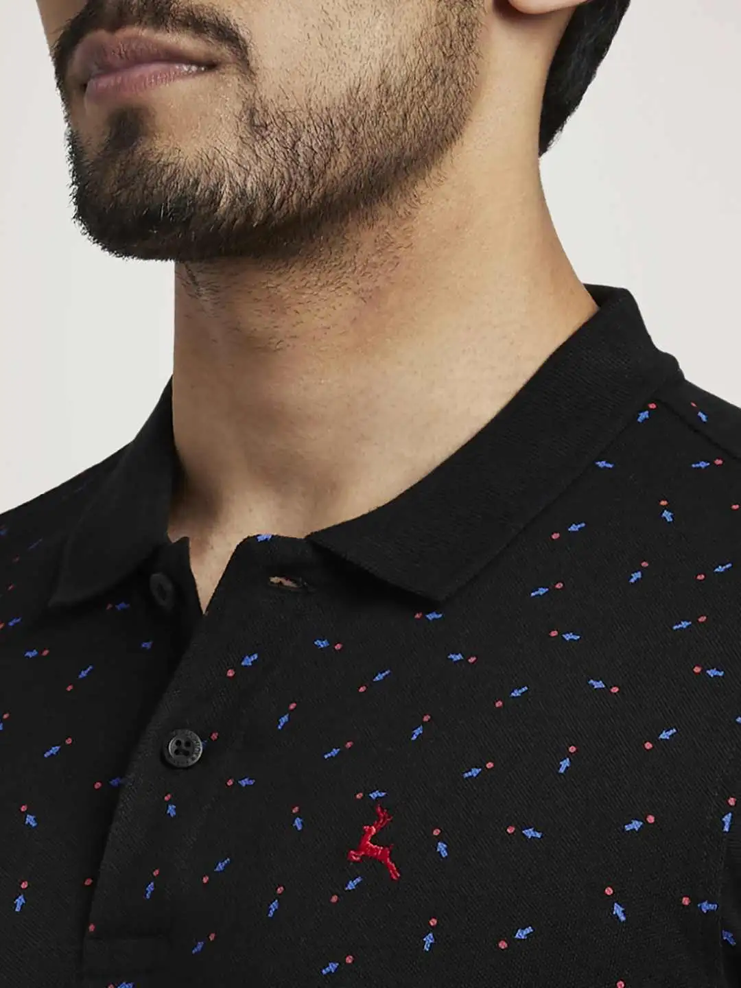 Men Black Regular Fit Print Cotton Round Neck Collar Polo T-Shirt