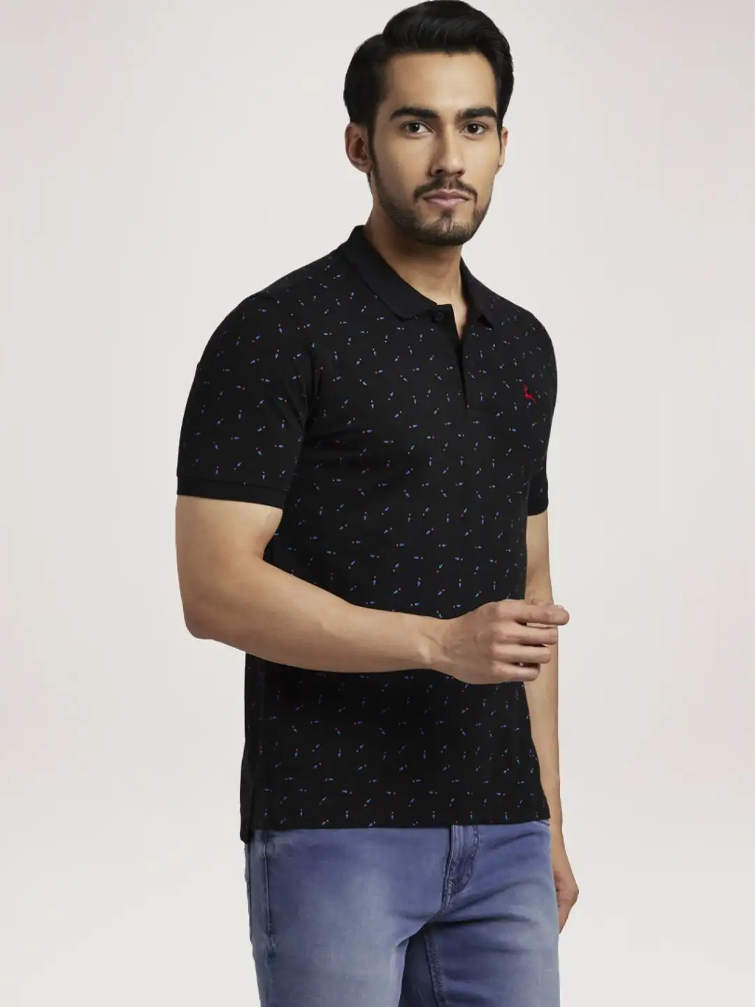 Men Black Regular Fit Print Cotton Round Neck Collar Polo T-Shirt - Image 5