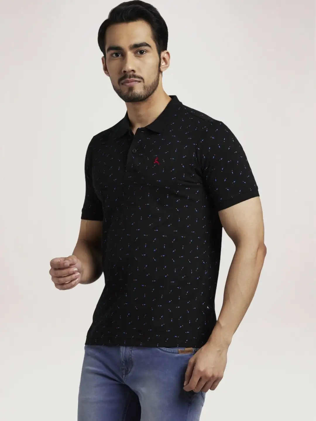Men Black Regular Fit Print Cotton Round Neck Collar Polo T-Shirt - Image 6