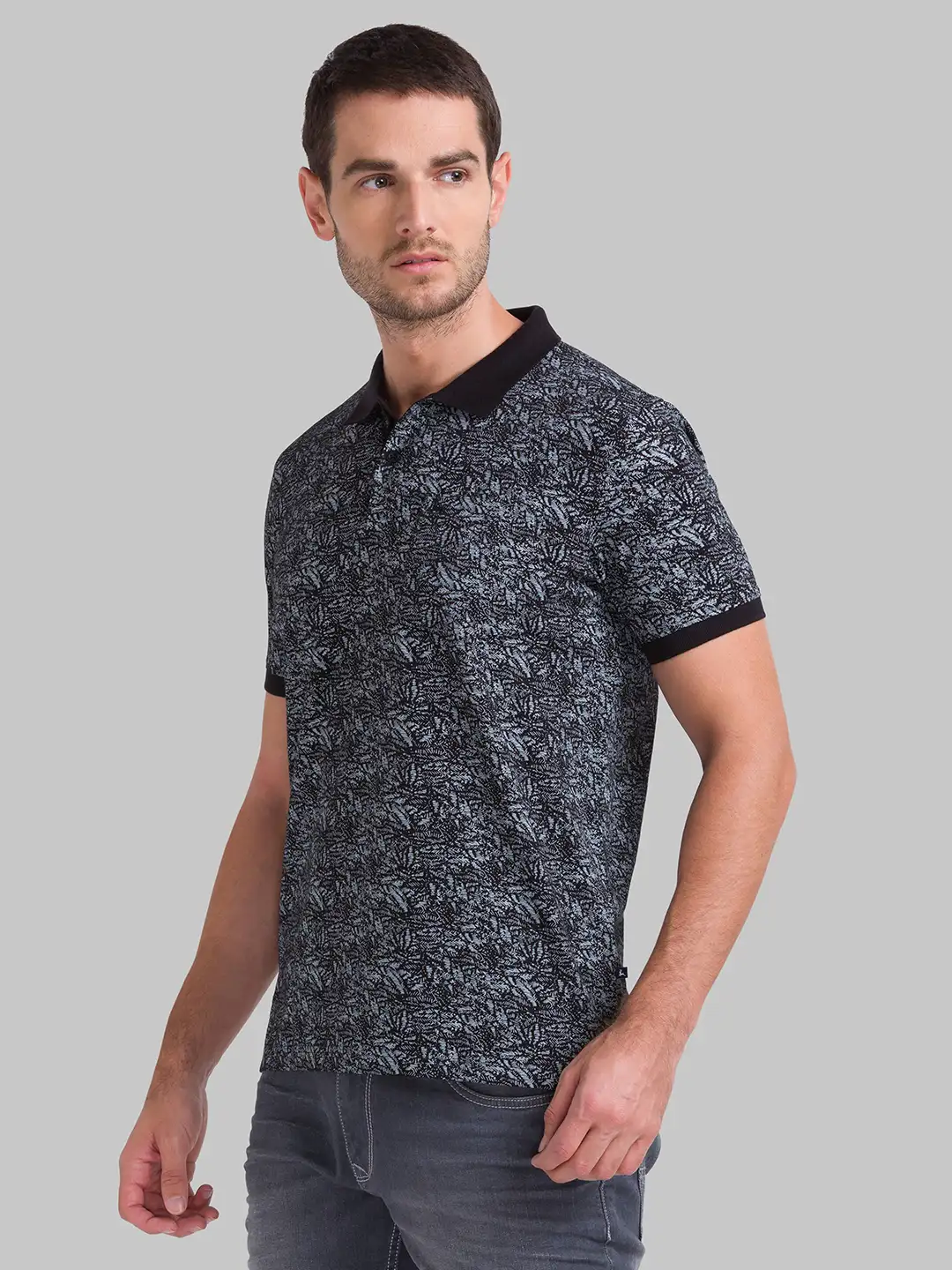 Men Black Regular Fit Print Cotton Round Neck Collar Polo T-Shirt - Image 3