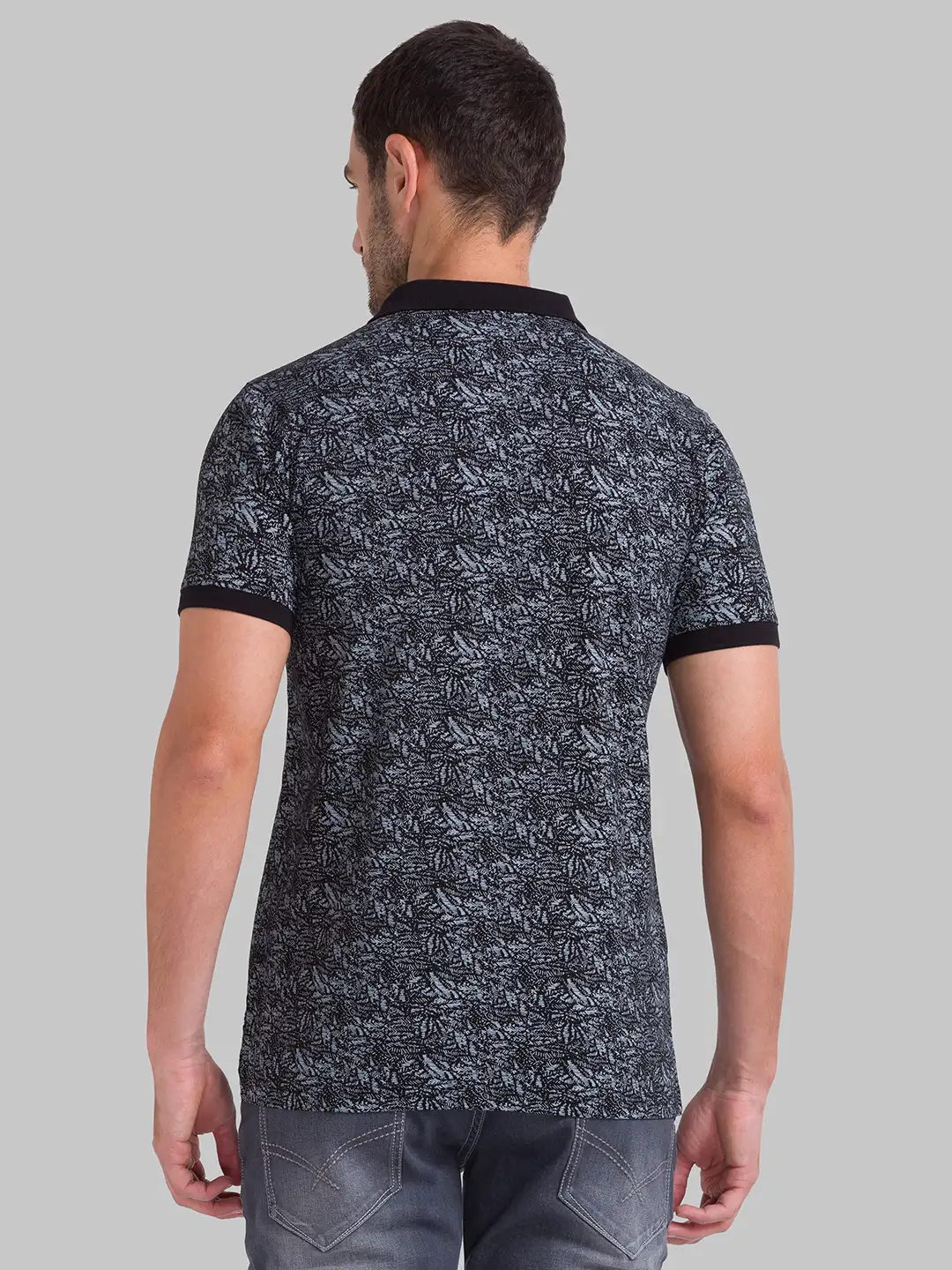 Men Black Regular Fit Print Cotton Round Neck Collar Polo T-Shirt - Image 4