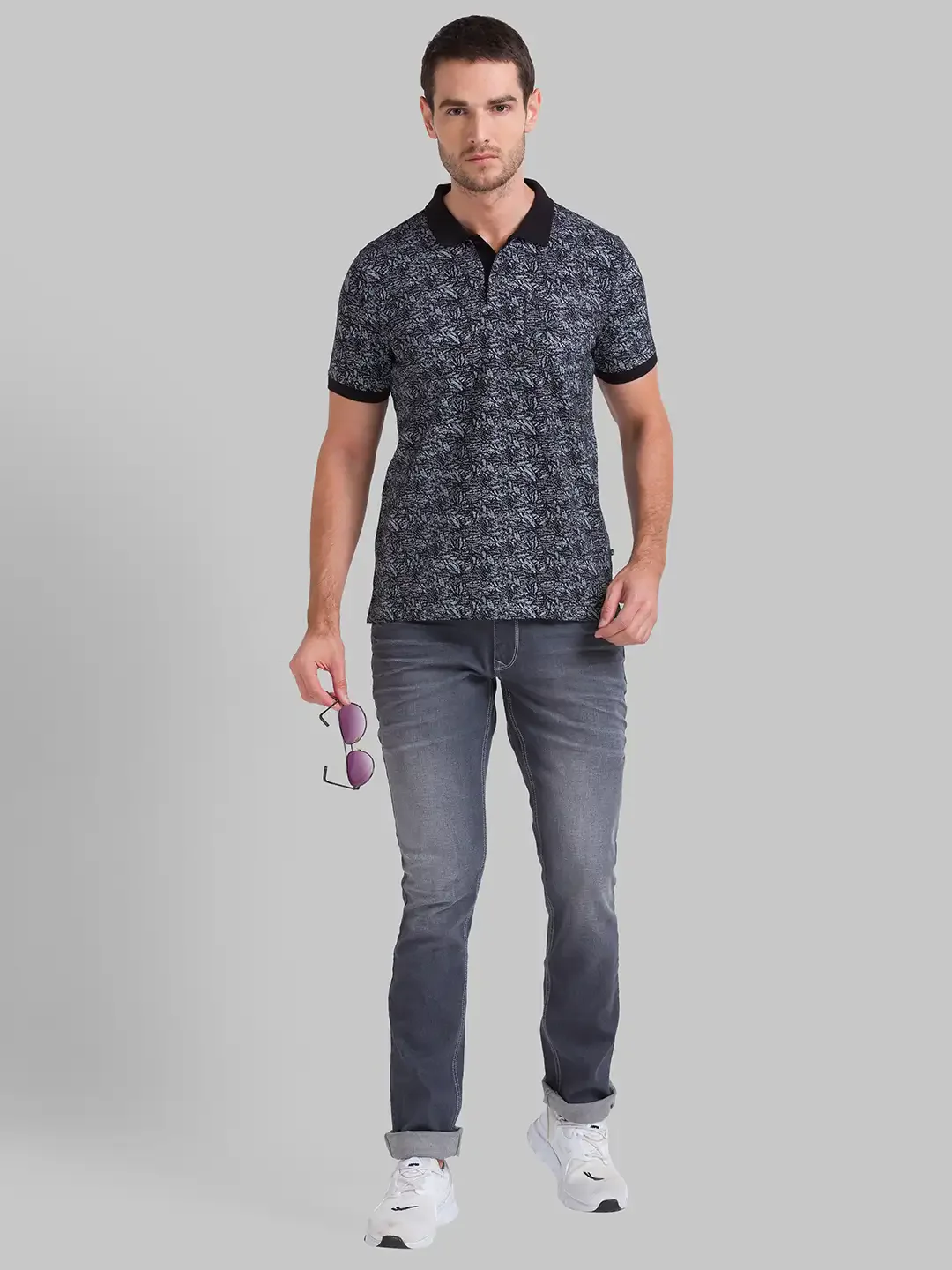 Men Black Regular Fit Print Cotton Round Neck Collar Polo T-Shirt - Image 5