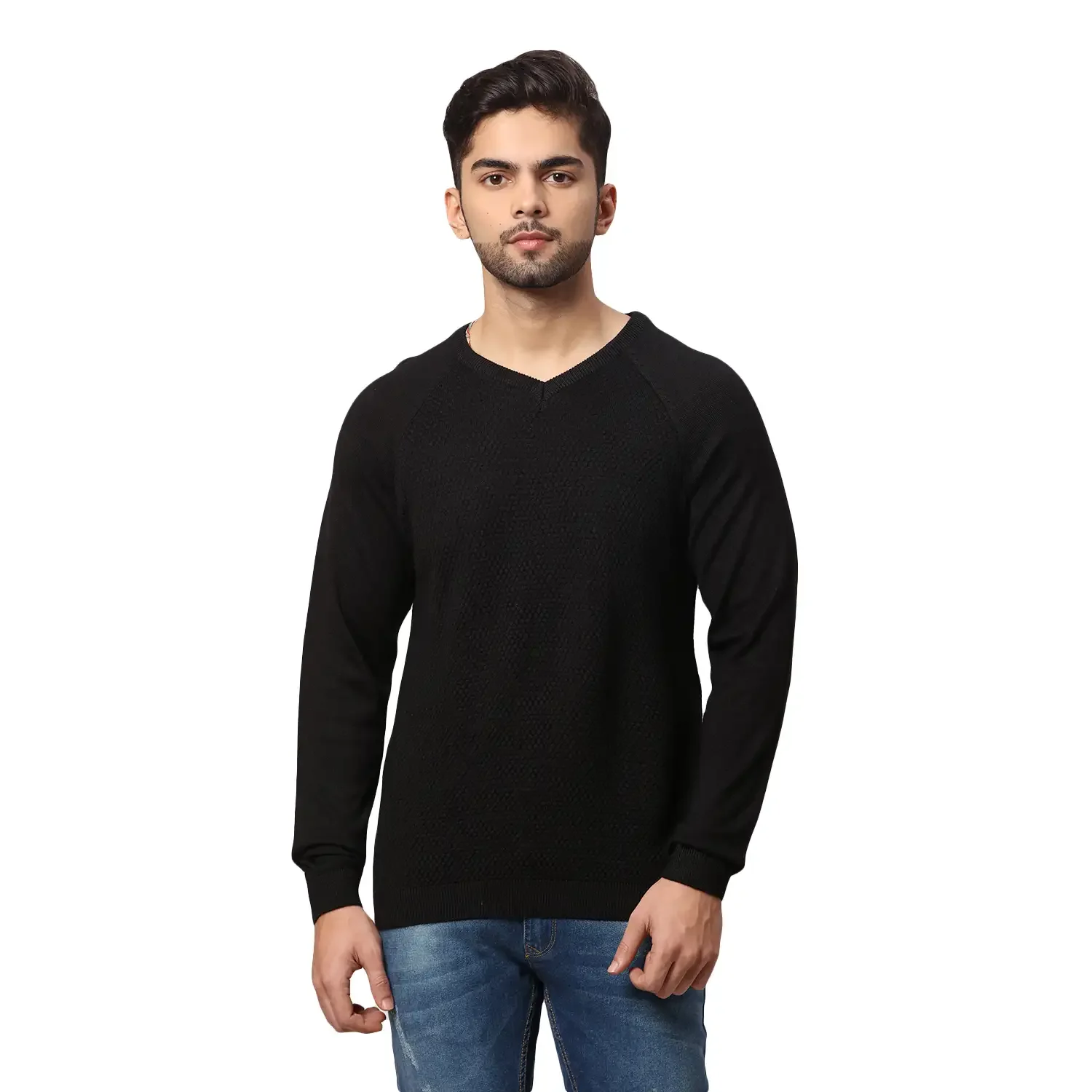 Men Black Regular Fit Solid Acrylic Blend Full Sleeve V Neck Collar Sweaters