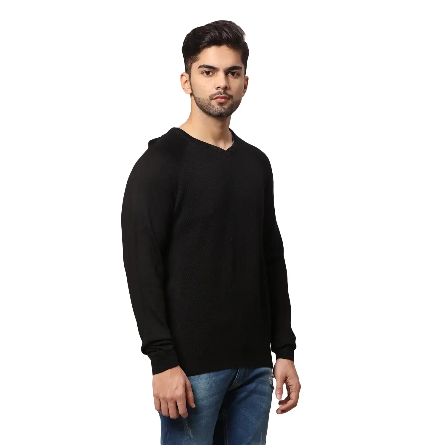 Men Black Regular Fit Solid Acrylic Blend Full Sleeve V Neck Collar Sweaters - Image 2