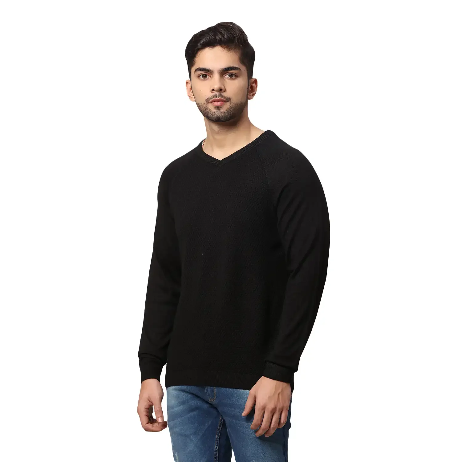 Men Black Regular Fit Solid Acrylic Blend Full Sleeve V Neck Collar Sweaters - Image 3