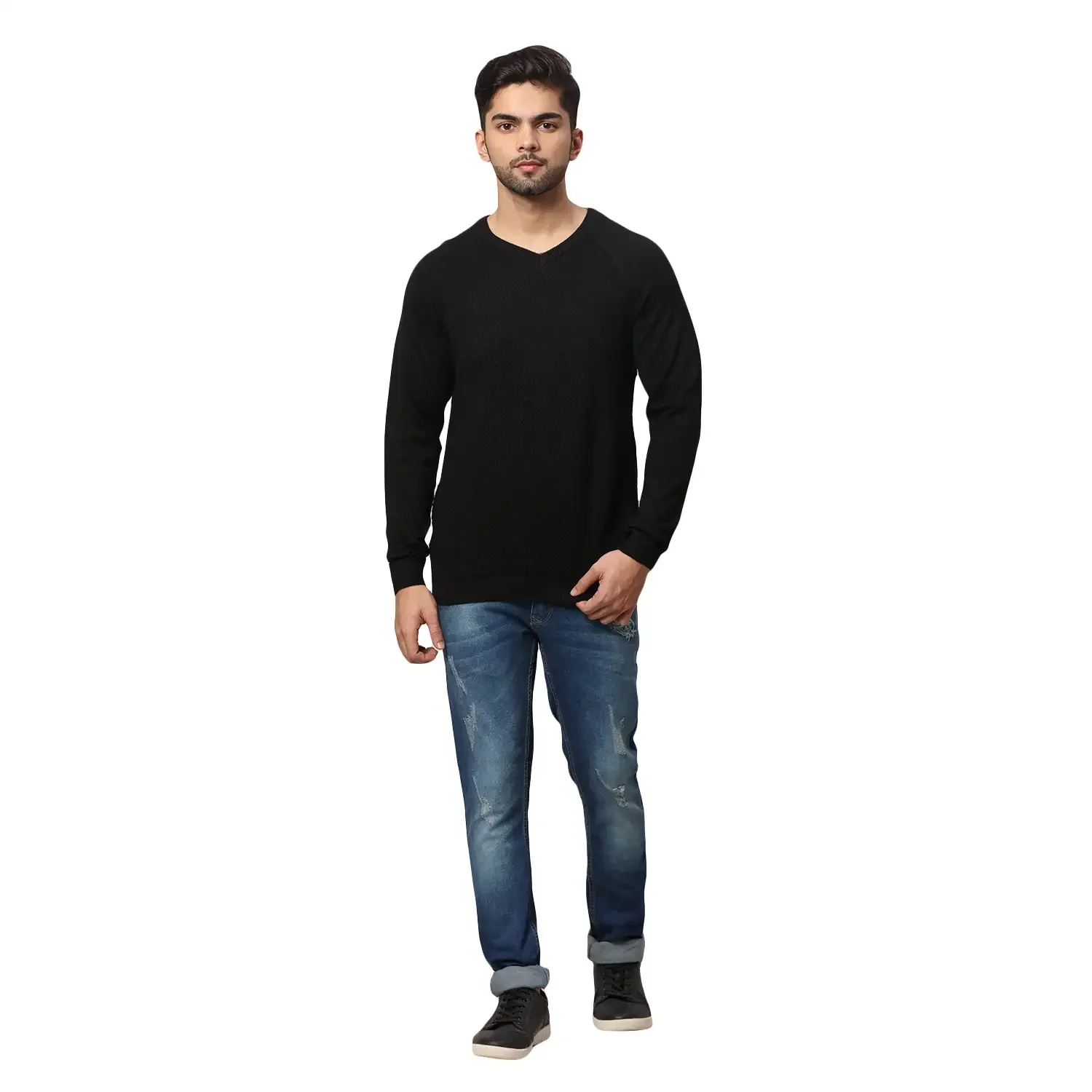 Men Black Regular Fit Solid Acrylic Blend Full Sleeve V Neck Collar Sweaters - Image 5