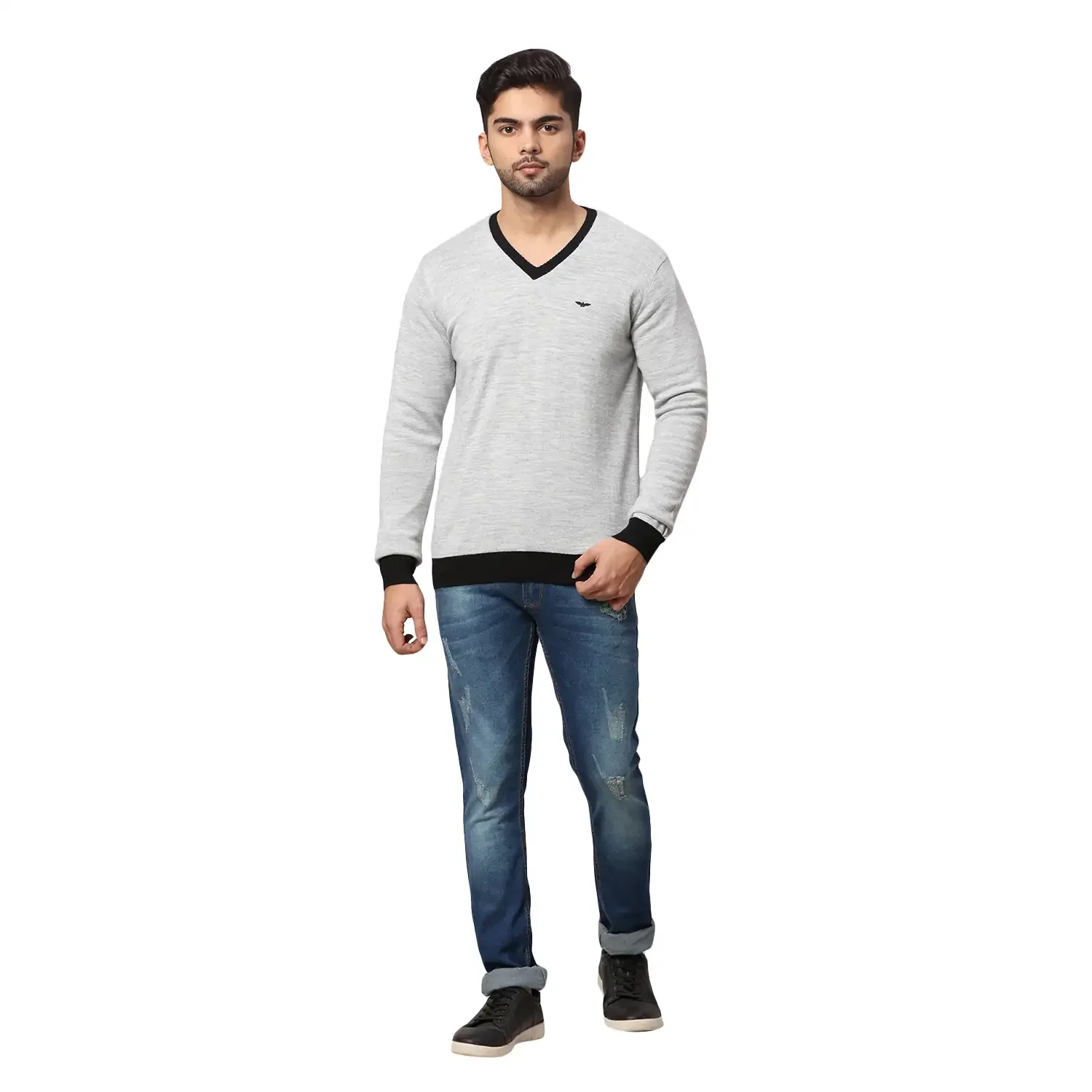 Men Black Regular Fit Solid Acrylic Blend Full Sleeve V Neck Collar Sweaters - Image 4