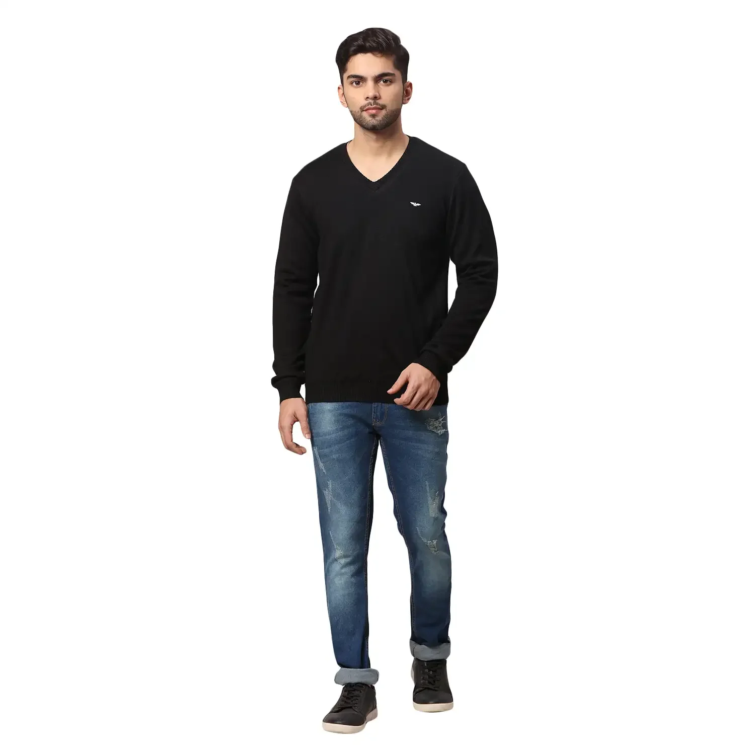 Men Black Regular Fit Solid Acrylic Blend Full Sleeve V Neck Collar Sweaters - Image 9