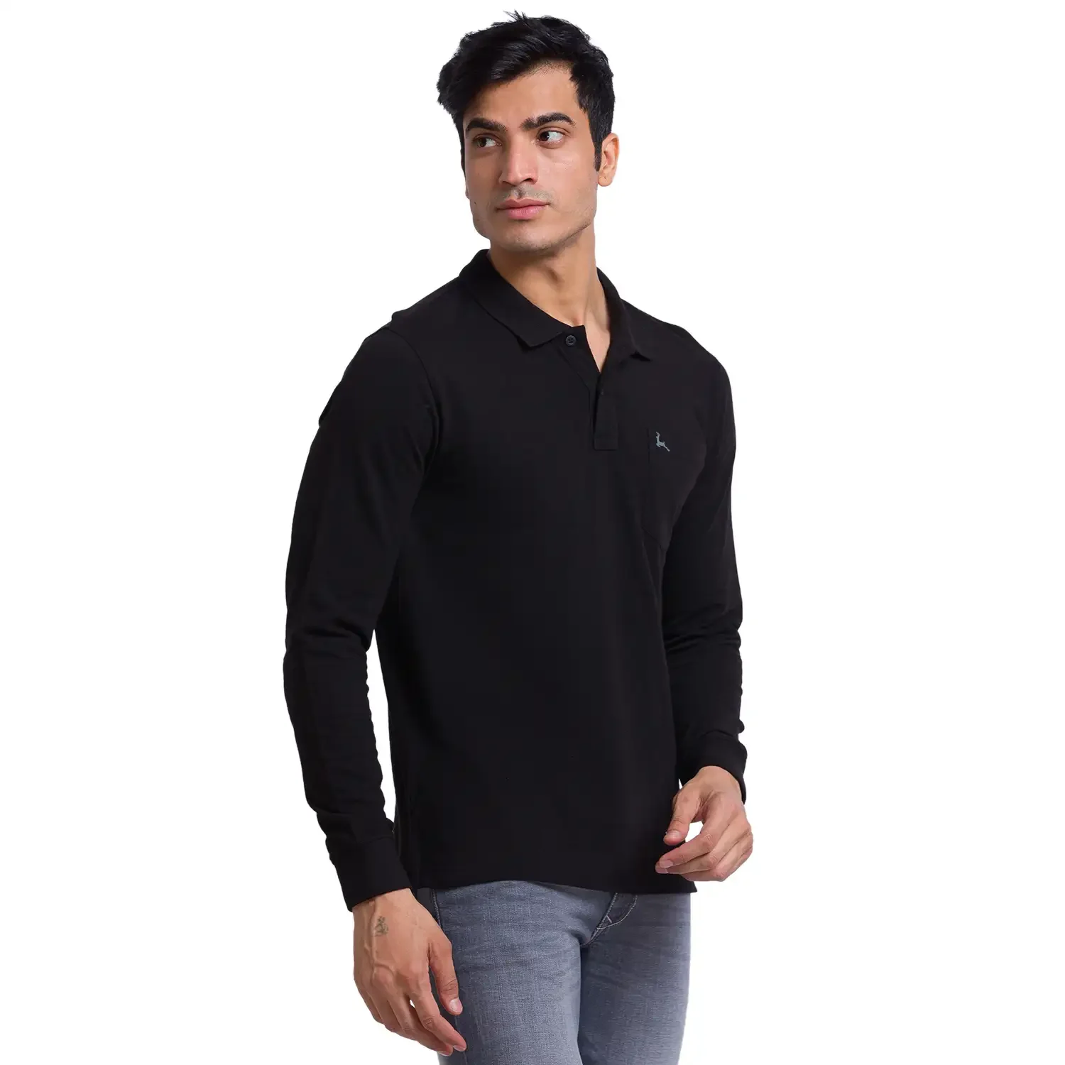 Men Black Regular Fit Solid Cotton Full Sleeve Round Neck Collar Polo T-Shirt - Image 2
