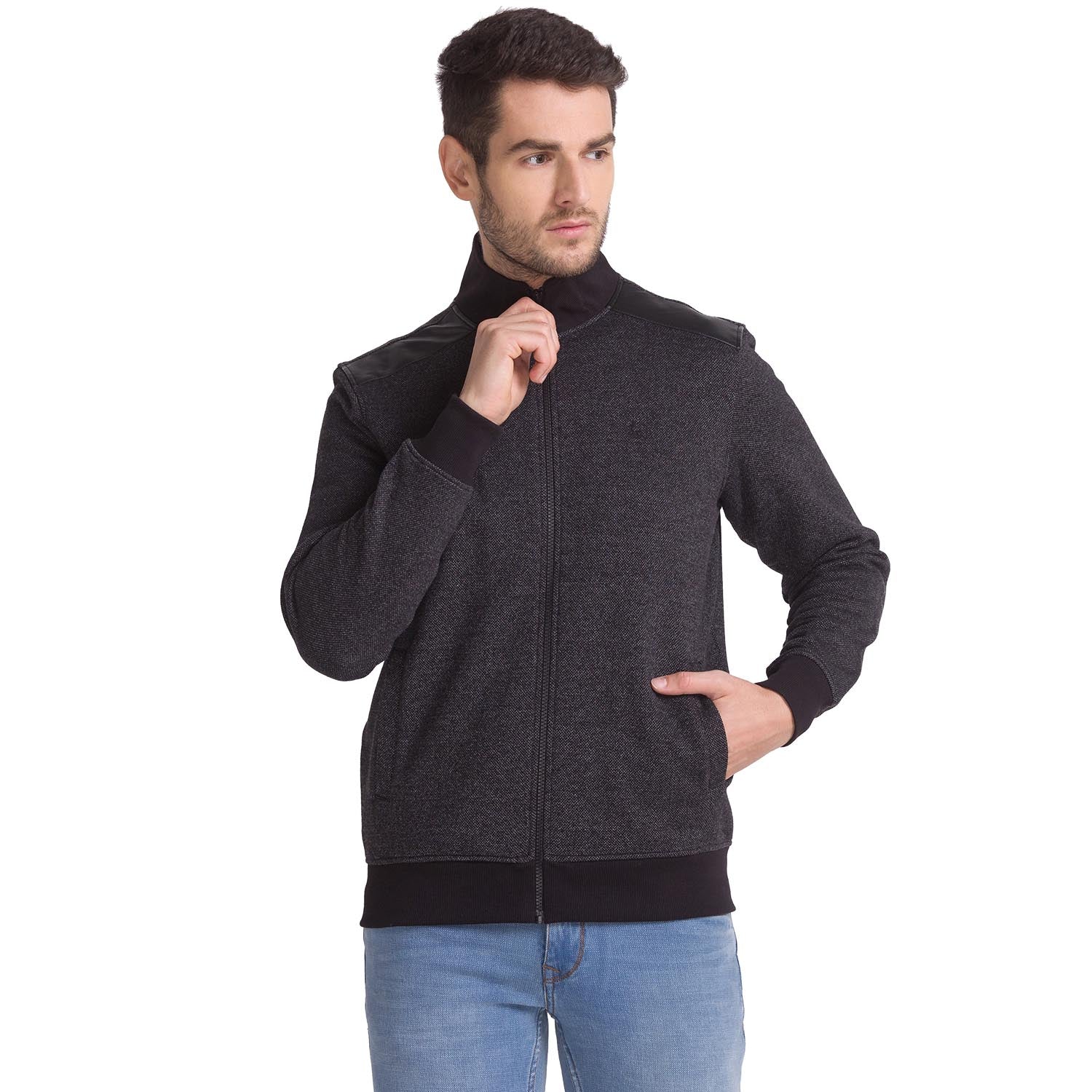 Men Black Regular Fit Solid Cotton Polyester Blend Sweatshirts