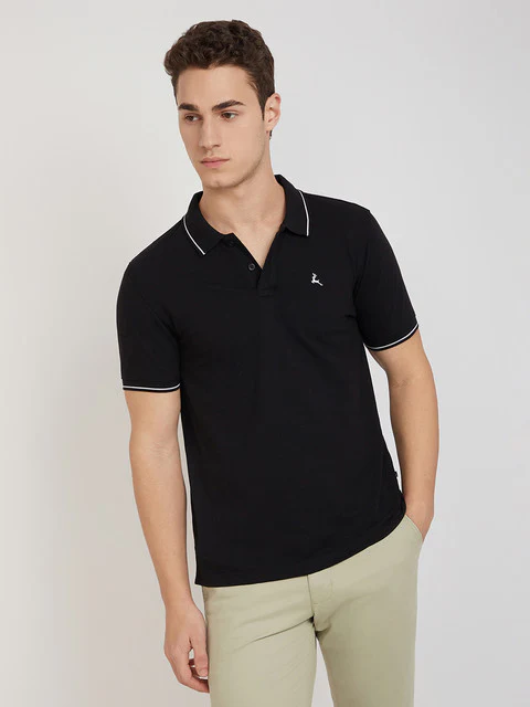 Men Black Regular Fit Solid Cotton Polyester Blend Tipping Collar Polo T-Shirt