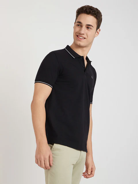 Men Black Regular Fit Solid Cotton Polyester Blend Tipping Collar Polo T-Shirt - Image 2