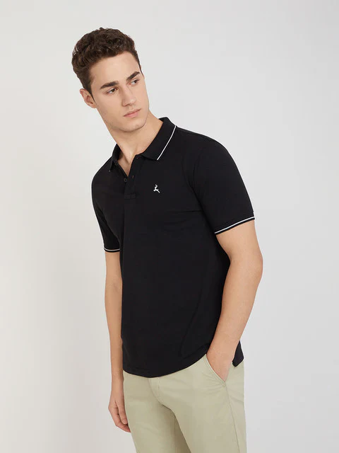 Men Black Regular Fit Solid Cotton Polyester Blend Tipping Collar Polo T-Shirt - Image 3