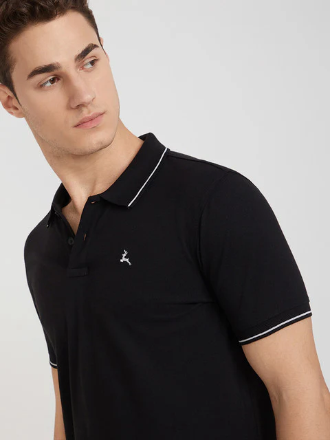 Men Black Regular Fit Solid Cotton Polyester Blend Tipping Collar Polo T-Shirt - Image 7