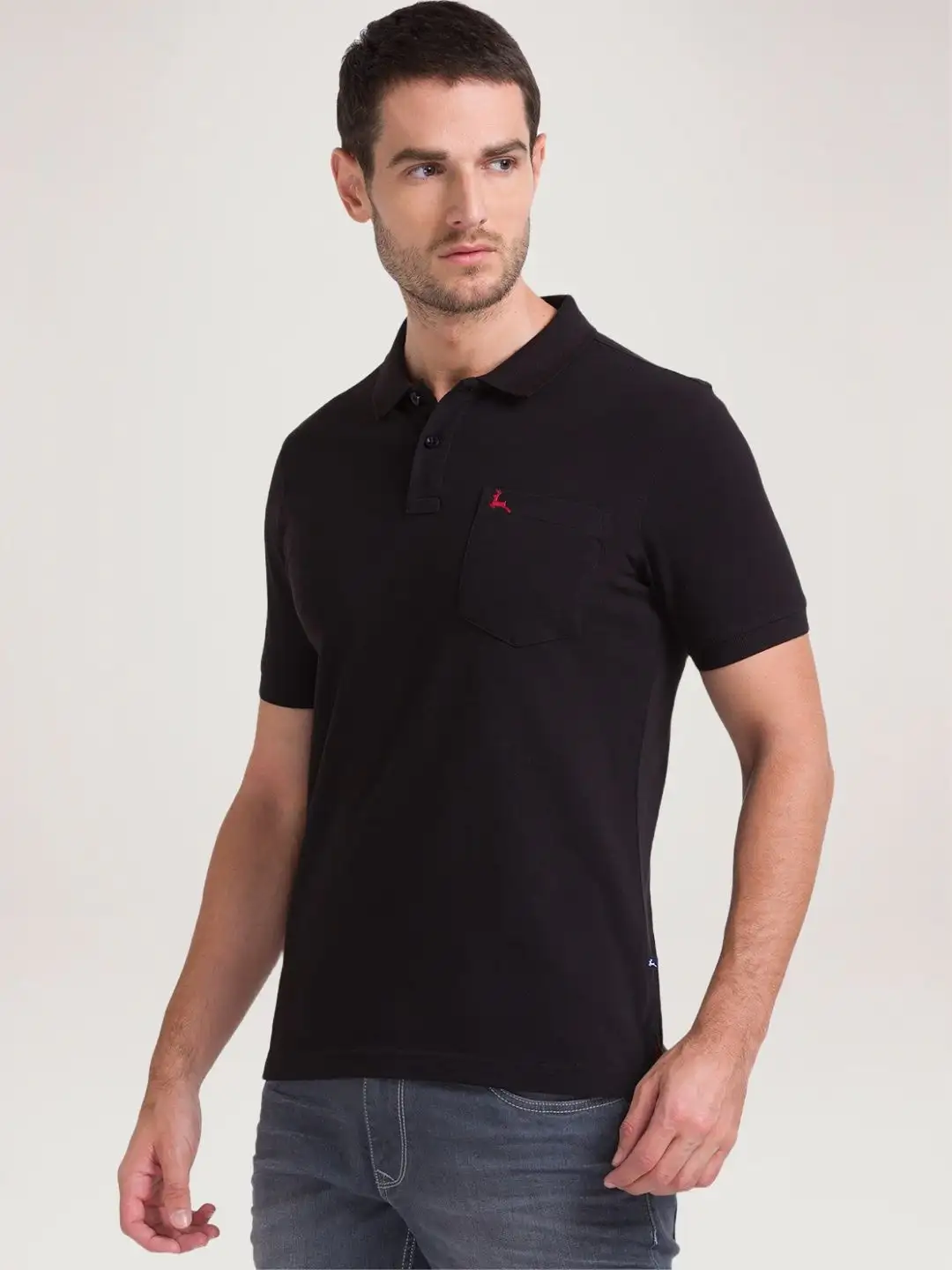 Men Black Regular Fit Solid Cotton Round Neck Collar Polo T-Shirt