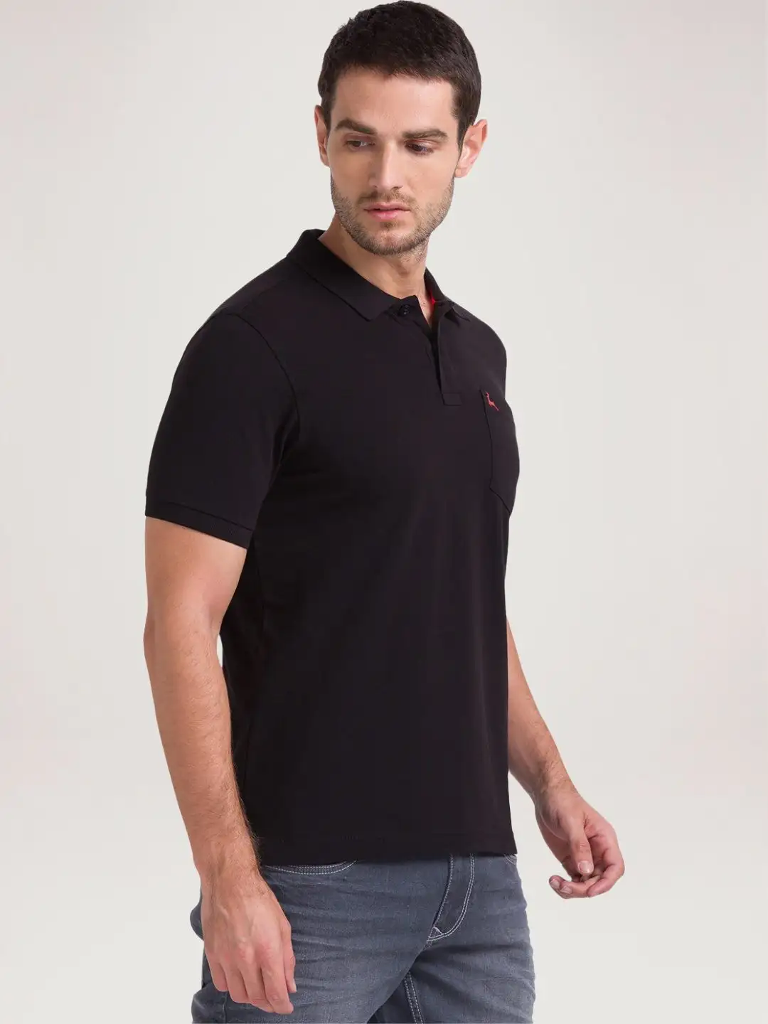 Men Black Regular Fit Solid Cotton Round Neck Collar Polo T-Shirt - Image 2