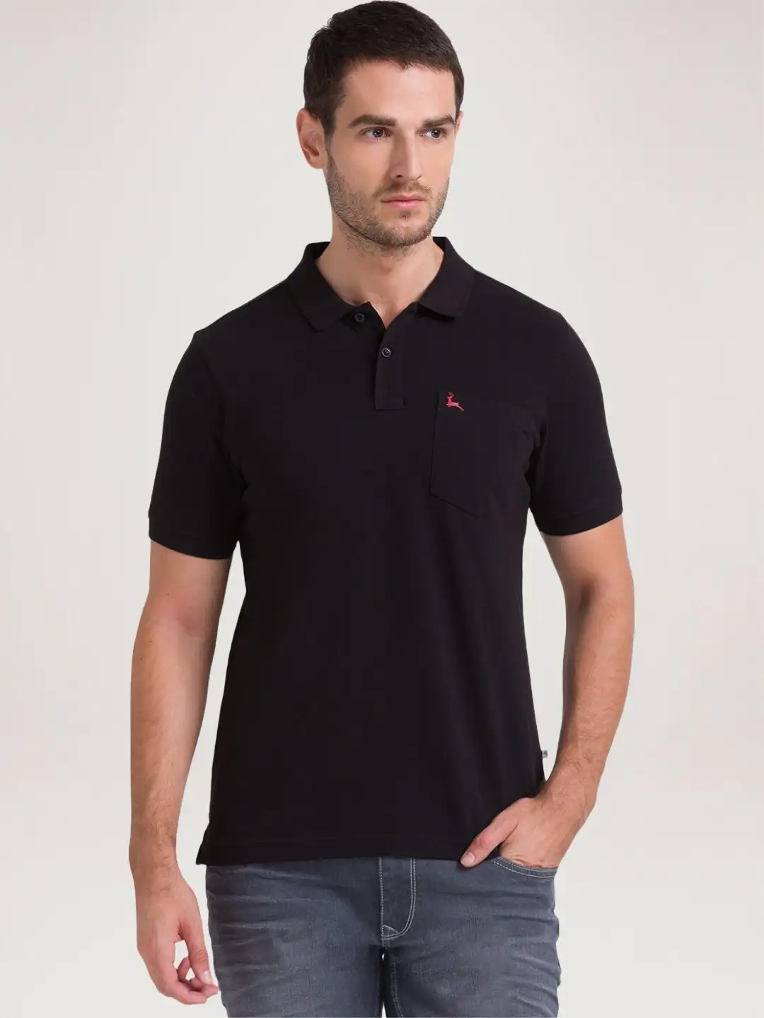Men Black Regular Fit Solid Cotton Round Neck Collar Polo T-Shirt - Image 3
