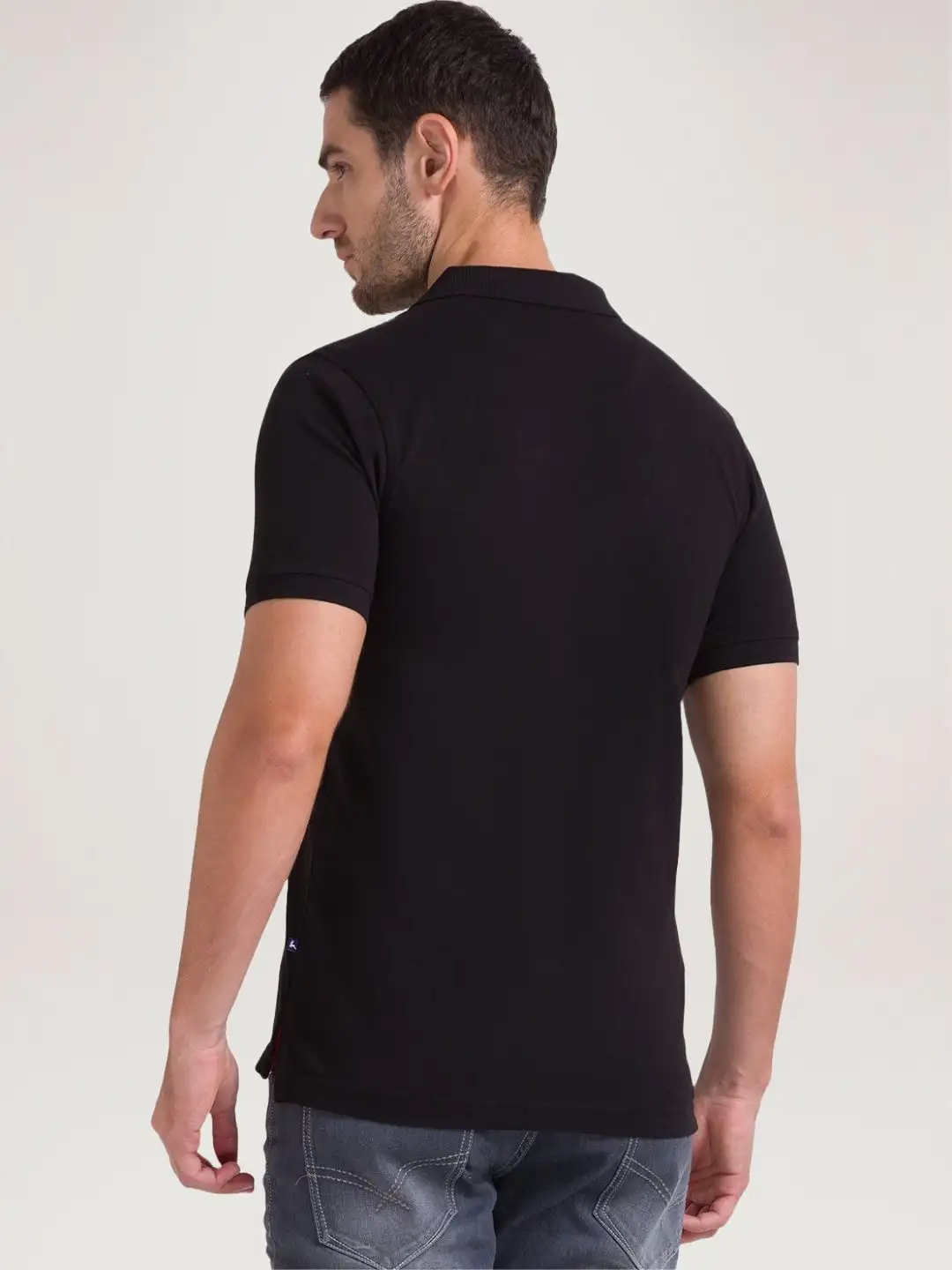 Men Black Regular Fit Solid Cotton Round Neck Collar Polo T-Shirt - Image 4
