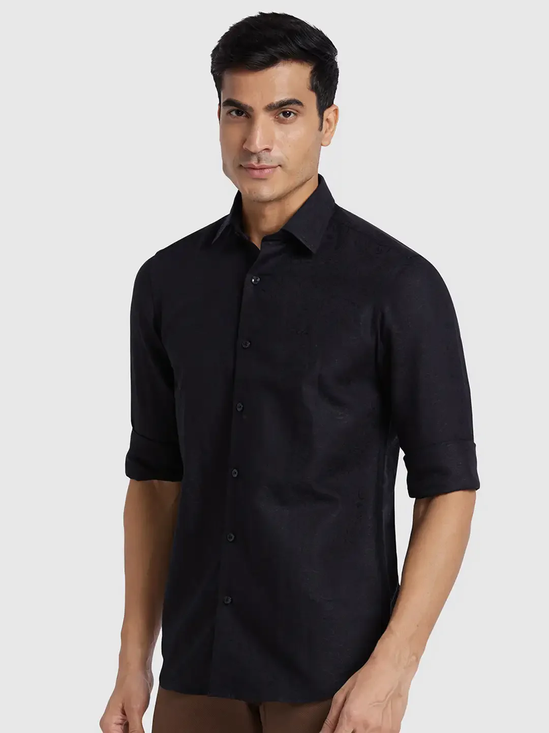 Men Black Regular Fit Solid Piece Dyed Cotton Blend Full Sleeve Shirts - Image 3