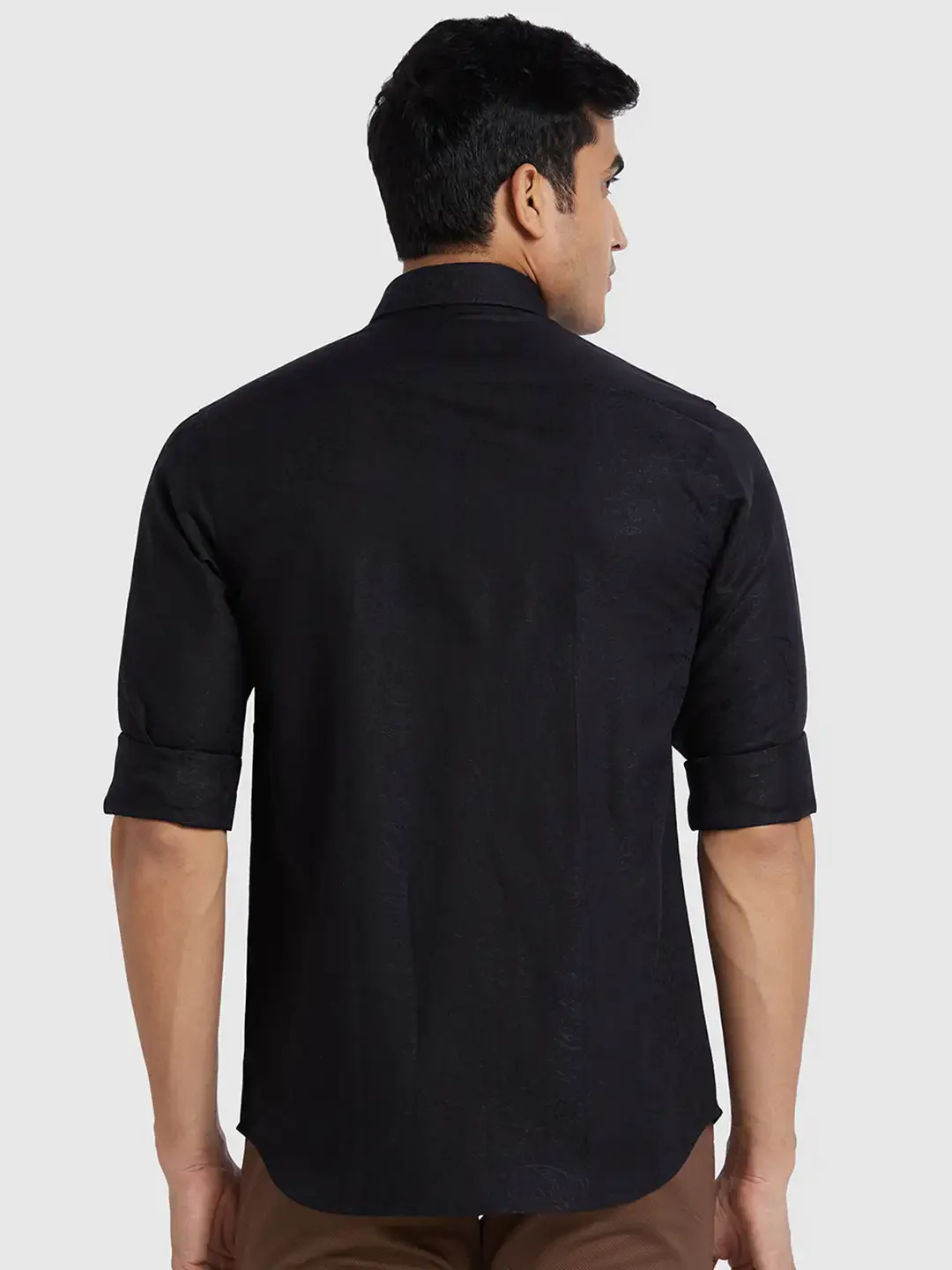 Men Black Regular Fit Solid Piece Dyed Cotton Blend Full Sleeve Shirts - Image 4