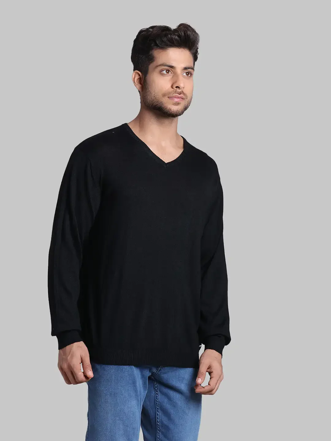 Men Black Regular Fit Solid Wool Blend Full Sleeve V Neck Collar Sweaters - Image 2