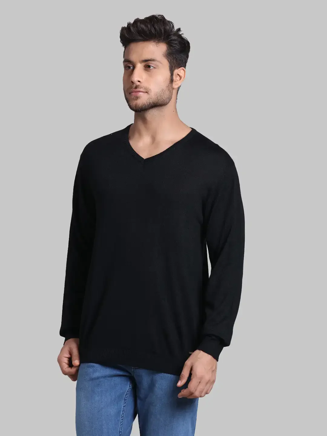 Men Black Regular Fit Solid Wool Blend Full Sleeve V Neck Collar Sweaters - Image 3