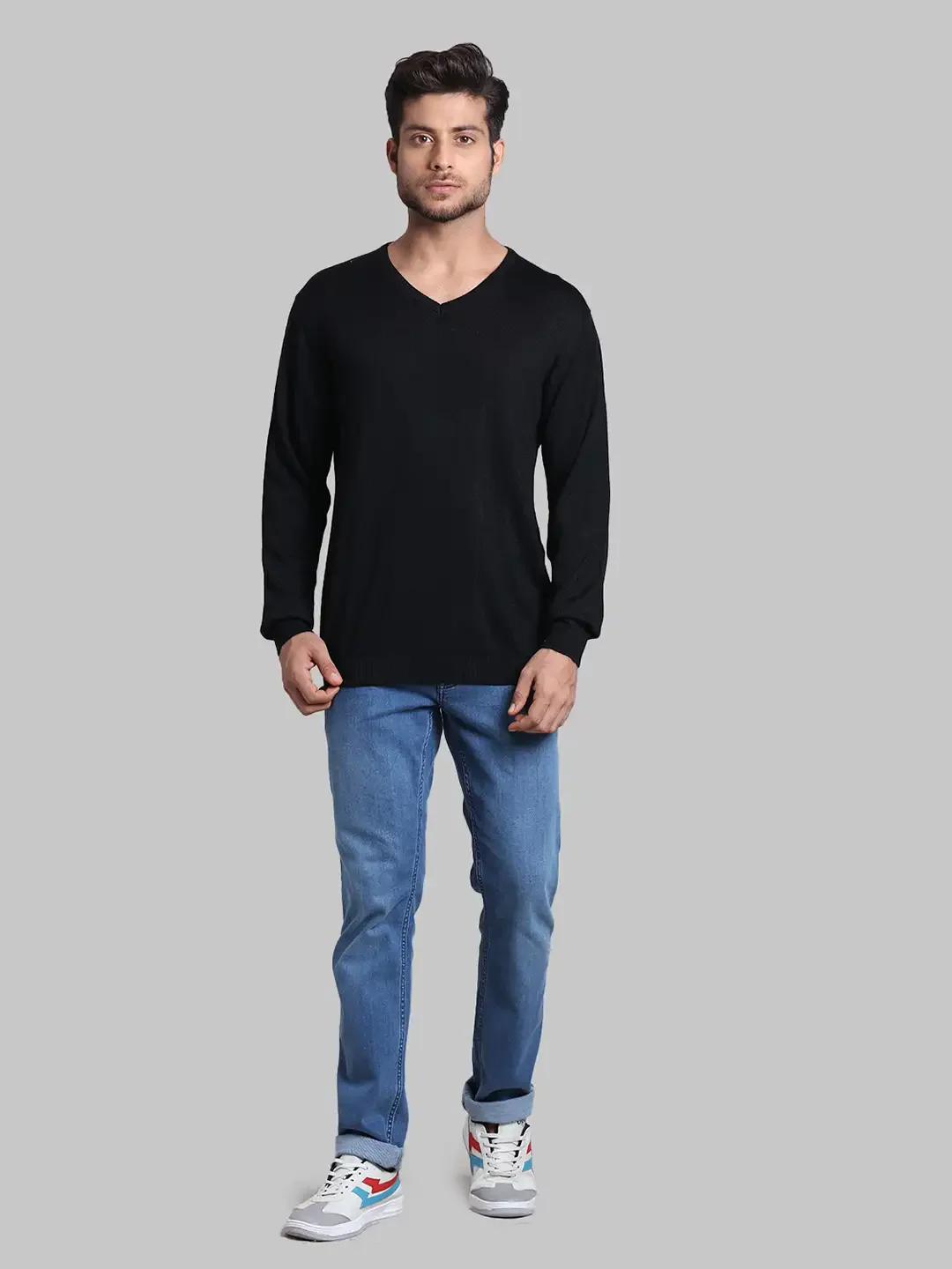 Men Black Regular Fit Solid Wool Blend Full Sleeve V Neck Collar Sweaters - Image 5